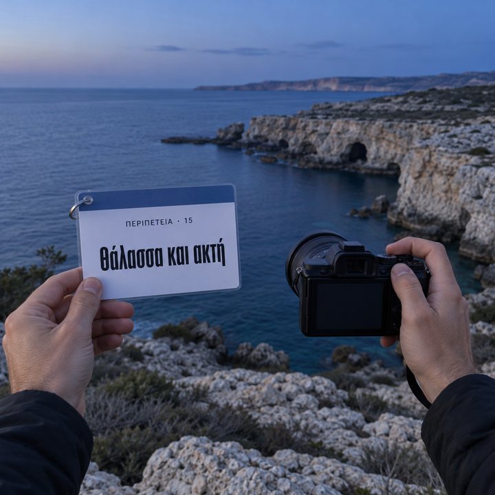 Χέρια κρατούν μια μηχανή στο Κάβο Γκρέκο μετά τη δύση του ήλιου, στο άλλο χέρι ένα σκονάκι «Θάλασσα και ακτή»