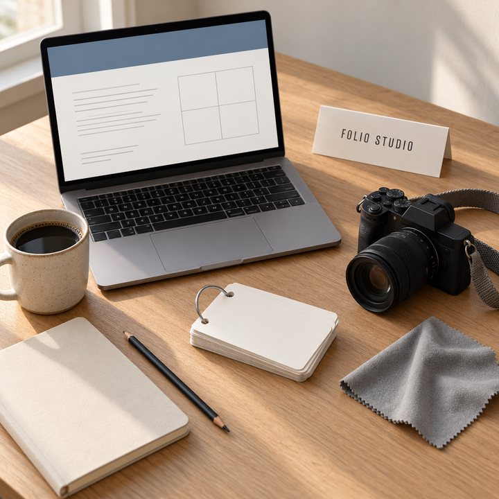 Το γραφείο του Folio Studio: laptop, σκονάκια σε κρίκο, μηχανή και σημειωματάριο