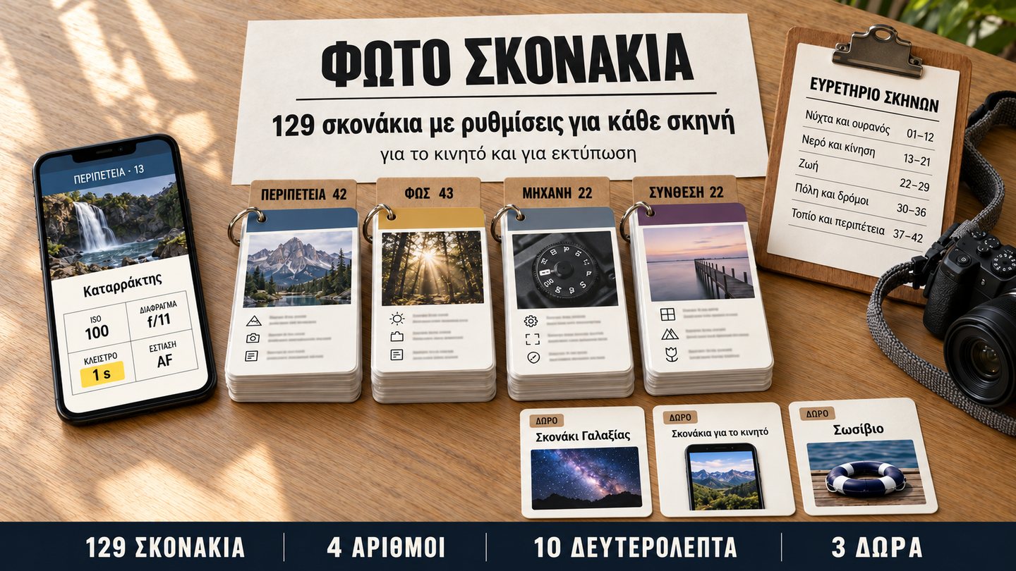 Όλο το κιτ στο τραπέζι: κινητό με ένα σκονάκι, 129 σκονάκια ανά σκηνή, το Ευρετήριο σκηνών και 3 δώρα δίπλα σε μια μηχανή